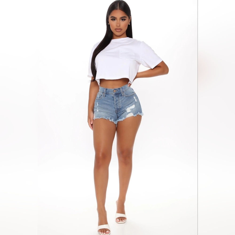 The Story Continues Distressed Denim Shorts - Medium Blue Wash